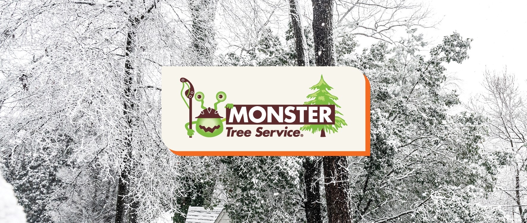 Monster Tree Service Logo with Snow and Trees
